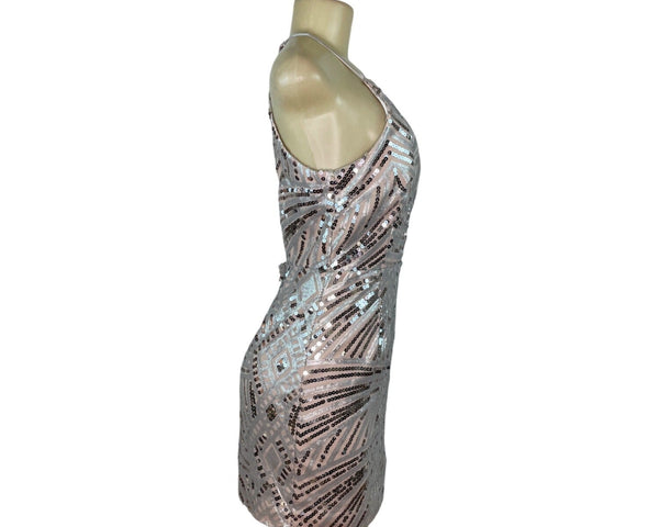 Dear Moon Womens Nude & Silver Sequin Mini Cocktail Evening Dress SZ 9