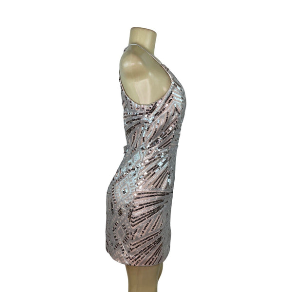 Dear Moon Womens Nude & Silver Sequin Mini Cocktail Evening Dress SZ 9