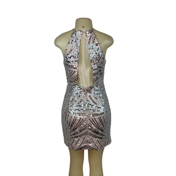 Dear Moon Womens Nude & Silver Sequin Mini Cocktail Evening Dress SZ 9
