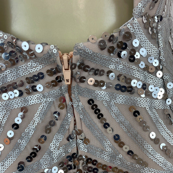 Dear Moon Womens Nude & Silver Sequin Mini Cocktail Evening Dress SZ 9