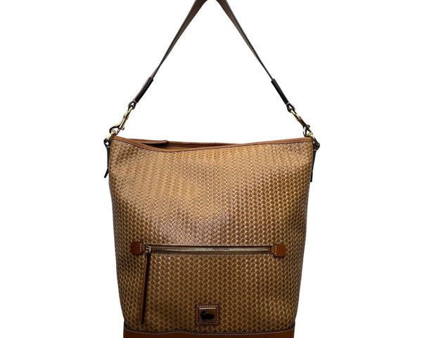 Dooney & Bourke Womens Tan Leather Hobo Bag Woven Pattern & Front Zip Pocket