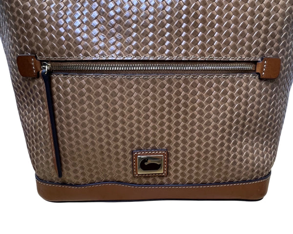 Dooney & Bourke Womens Tan Leather Hobo Bag Woven Pattern & Front Zip Pocket
