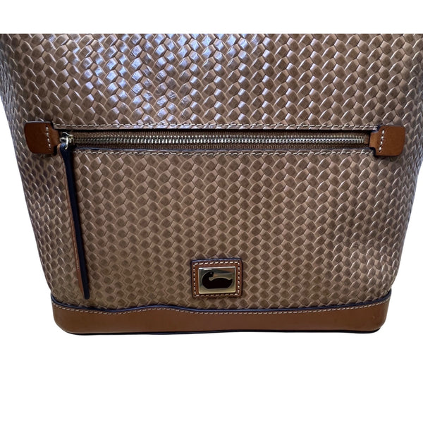 Dooney & Bourke Womens Tan Leather Hobo Bag Woven Pattern & Front Zip Pocket