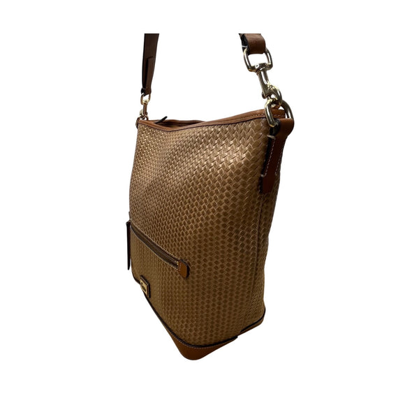 Dooney & Bourke Womens Tan Leather Hobo Bag Woven Pattern & Front Zip Pocket