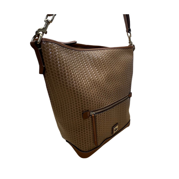 Dooney & Bourke Womens Tan Leather Hobo Bag Woven Pattern & Front Zip Pocket