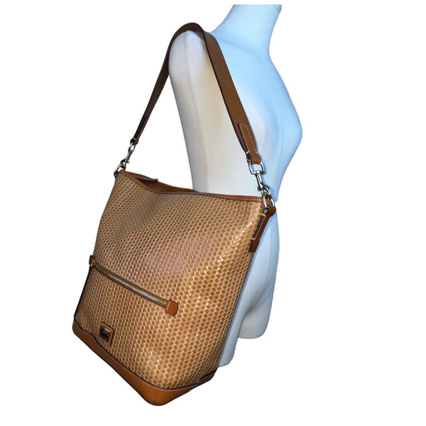 Dooney & Bourke Womens Tan Leather Hobo Bag Woven Pattern & Front Zip Pocket