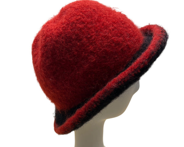 Vintage Handmade Susan Salomon Wool Red & Black Felted Hat Button Bay Fiber Arts