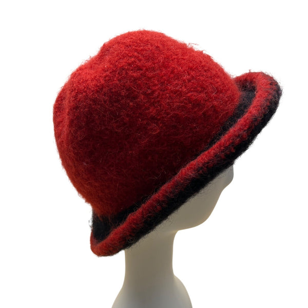 Vintage Handmade Susan Salomon Wool Red & Black Felted Hat Button Bay Fiber Arts