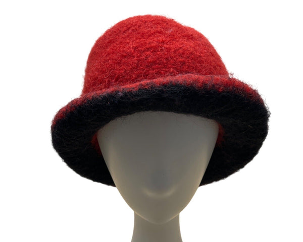 Vintage Handmade Susan Salomon Wool Red & Black Felted Hat Button Bay Fiber Arts