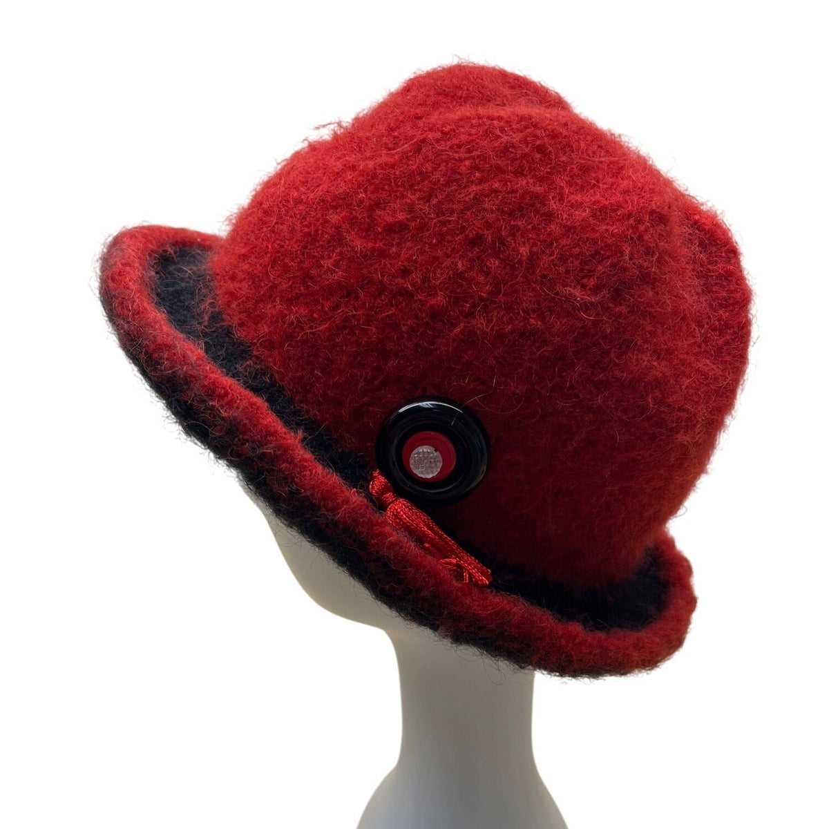 Vintage Handmade Susan Salomon Wool Red & Black Felted Hat Button Bay Fiber Arts