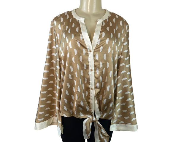 Halogen Womens Tan & White Polka Dot Button-Down Blouse With Tie Front Sz X1