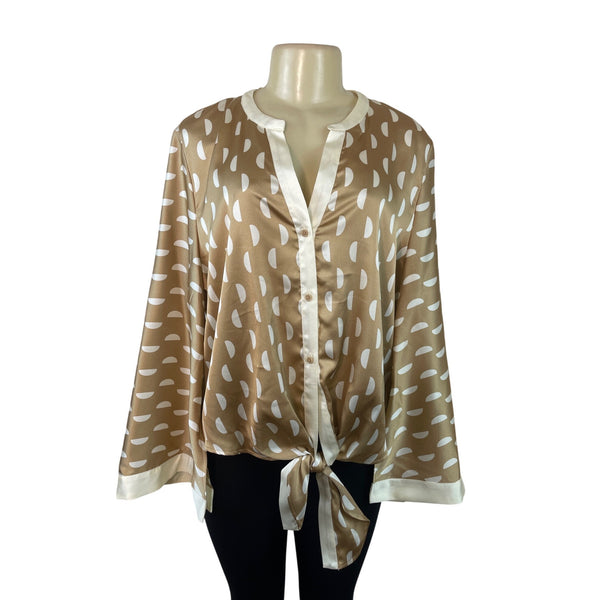 Halogen Womens Tan & White Polka Dot Button-Down Blouse With Tie Front Sz  X1