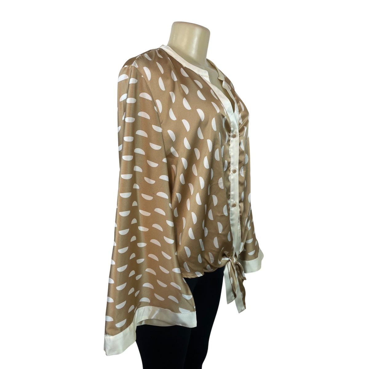 Halogen Womens Tan & White Polka Dot Button-Down Blouse With Tie Front Sz  X1