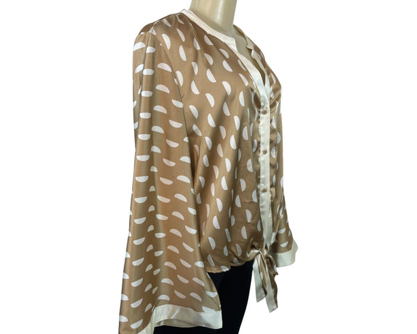 Halogen Womens Tan & White Polka Dot Button-Down Blouse With Tie Front Sz X1