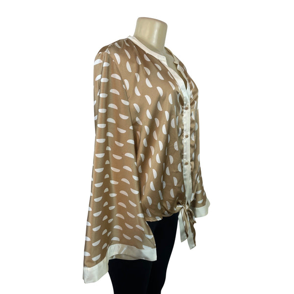 Halogen Womens Tan & White Polka Dot Button-Down Blouse With Tie Front Sz  X1