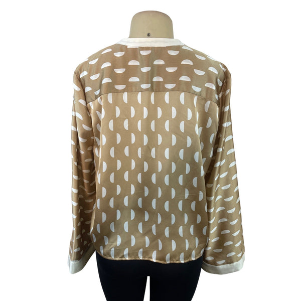 Halogen Womens Tan & White Polka Dot Button-Down Blouse With Tie Front Sz  X1