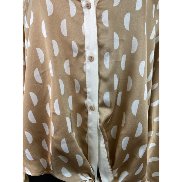 Halogen Womens Tan & White Polka Dot Button-Down Blouse With Tie Front Sz  X1