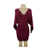 Zonsaoja Burgundy Womens Wrap V-Neck Ribbed Knitted Mini Skirt Dress Sz M