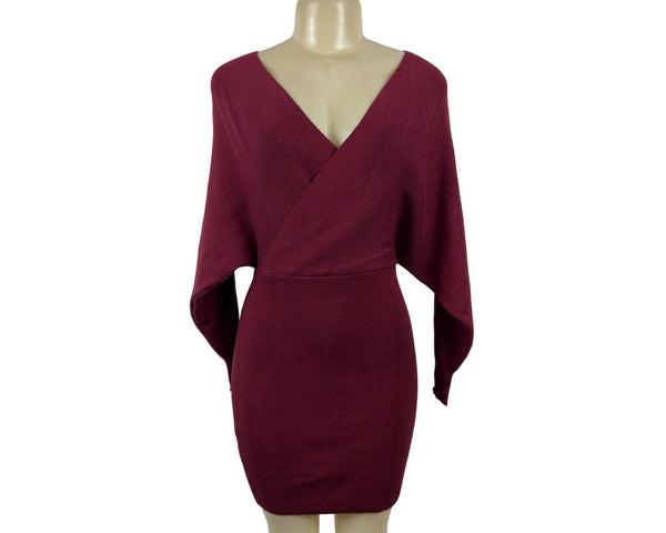 Zonsaoja Burgundy Womens Wrap V-Neck Ribbed Knitted Mini Skirt Dress Sz M