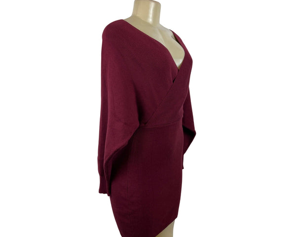 Zonsaoja Burgundy Womens Wrap V-Neck Ribbed Knitted Mini Skirt Dress Sz M