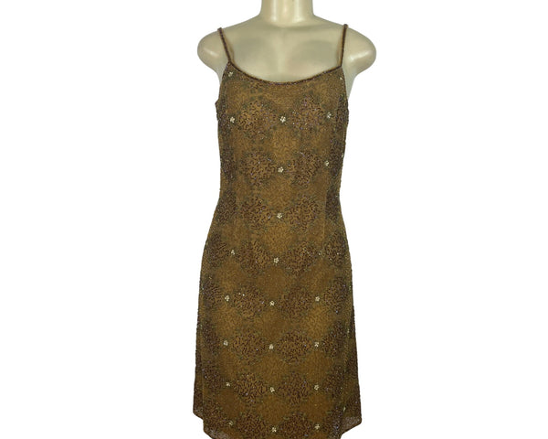Mes Ami Brown Beaded Silk Sleeveless Cocktail Dress Size 6
