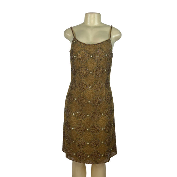 Mes Ami Brown Beaded Silk Sleeveless Cocktail Dress Size 6