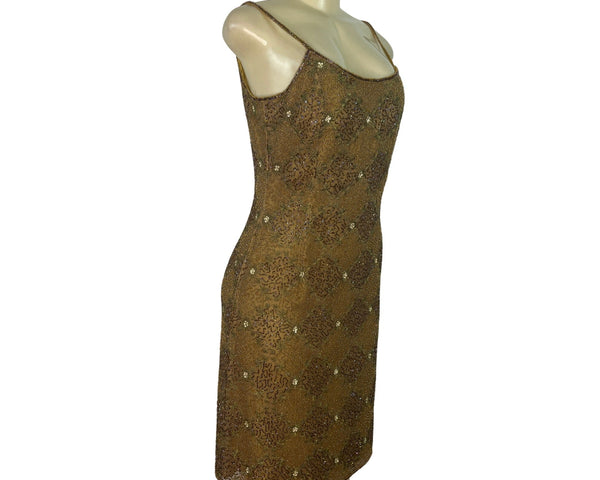 Mes Ami Brown Beaded Silk Sleeveless Cocktail Dress Size 6