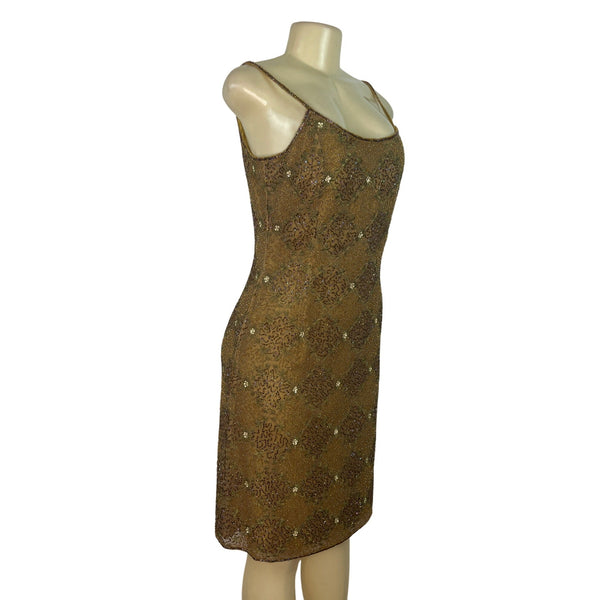 Mes Ami Brown Beaded Silk Sleeveless Cocktail Dress Size 6