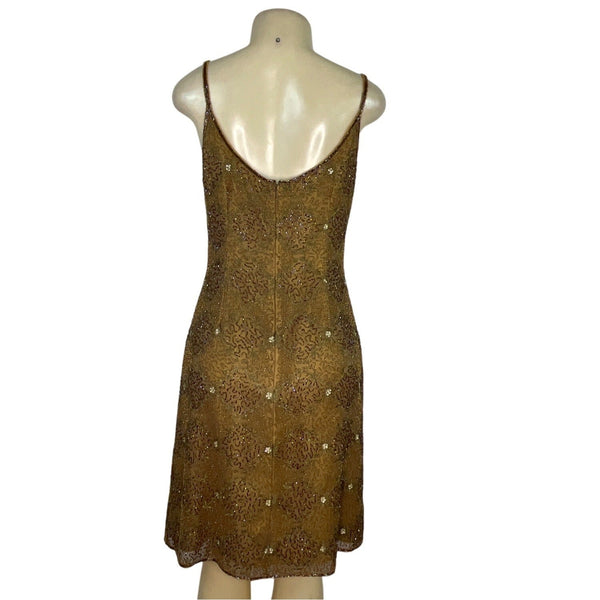 Mes Ami Brown Beaded Silk Sleeveless Cocktail Dress Size 6