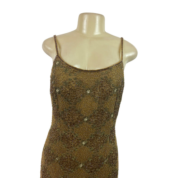Mes Ami Brown Beaded Silk Sleeveless Cocktail Dress Size 6