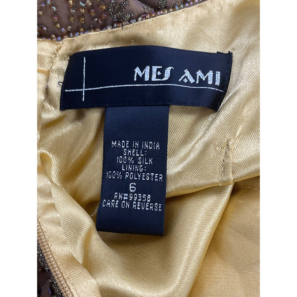 Mes Ami Brown Beaded Silk Sleeveless Cocktail Dress Size 6
