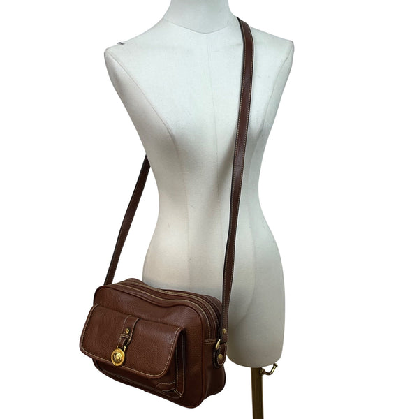 Cara Bella Women’s Brown Leather & Gold-Tone Medallion Closure Crossbody Bag