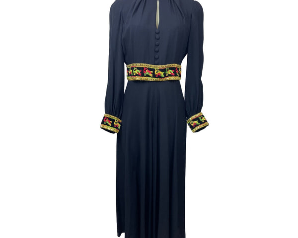 Vintage 1960s Ultra Wide Leg Women’s Black with Embroided Belt Jumpsuit Sz M