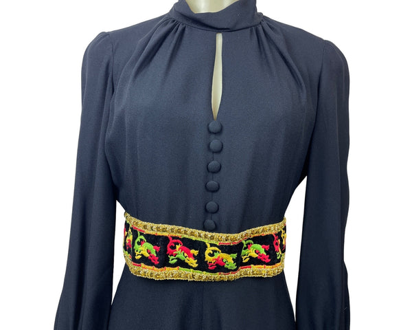 Vintage 1960s Ultra Wide Leg Women’s Black with Embroided Belt Jumpsuit Sz M
