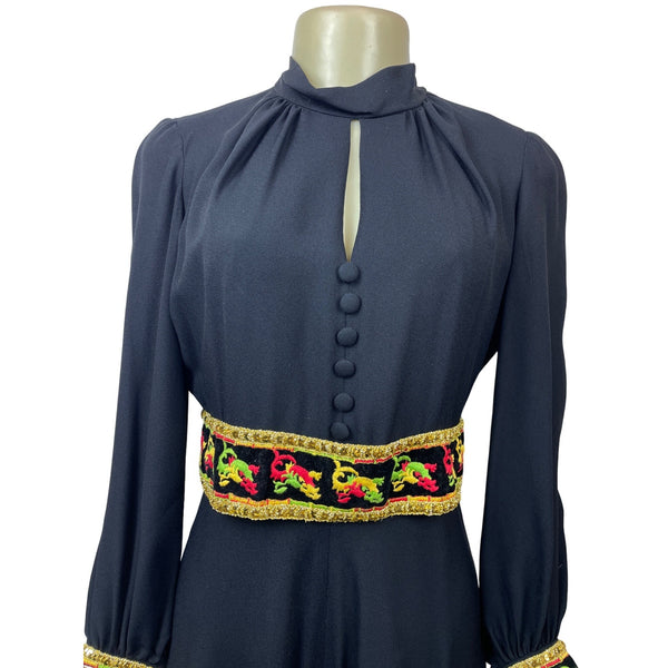 Vintage 1960s Ultra Wide Leg Women’s Black with Embroided Belt Jumpsuit Sz M
