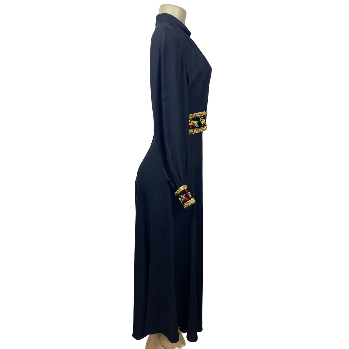 Vintage 1960s Ultra Wide Leg Women’s Black with Embroided Belt Jumpsuit Sz M