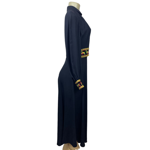 Vintage 1960s Ultra Wide Leg Women’s Black with Embroided Belt Jumpsuit Sz M