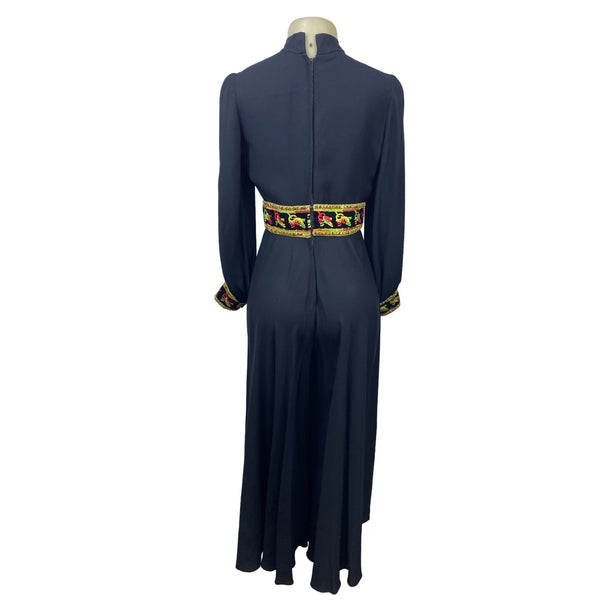 Vintage 1960s Ultra Wide Leg Women’s Black with Embroided Belt Jumpsuit Sz M