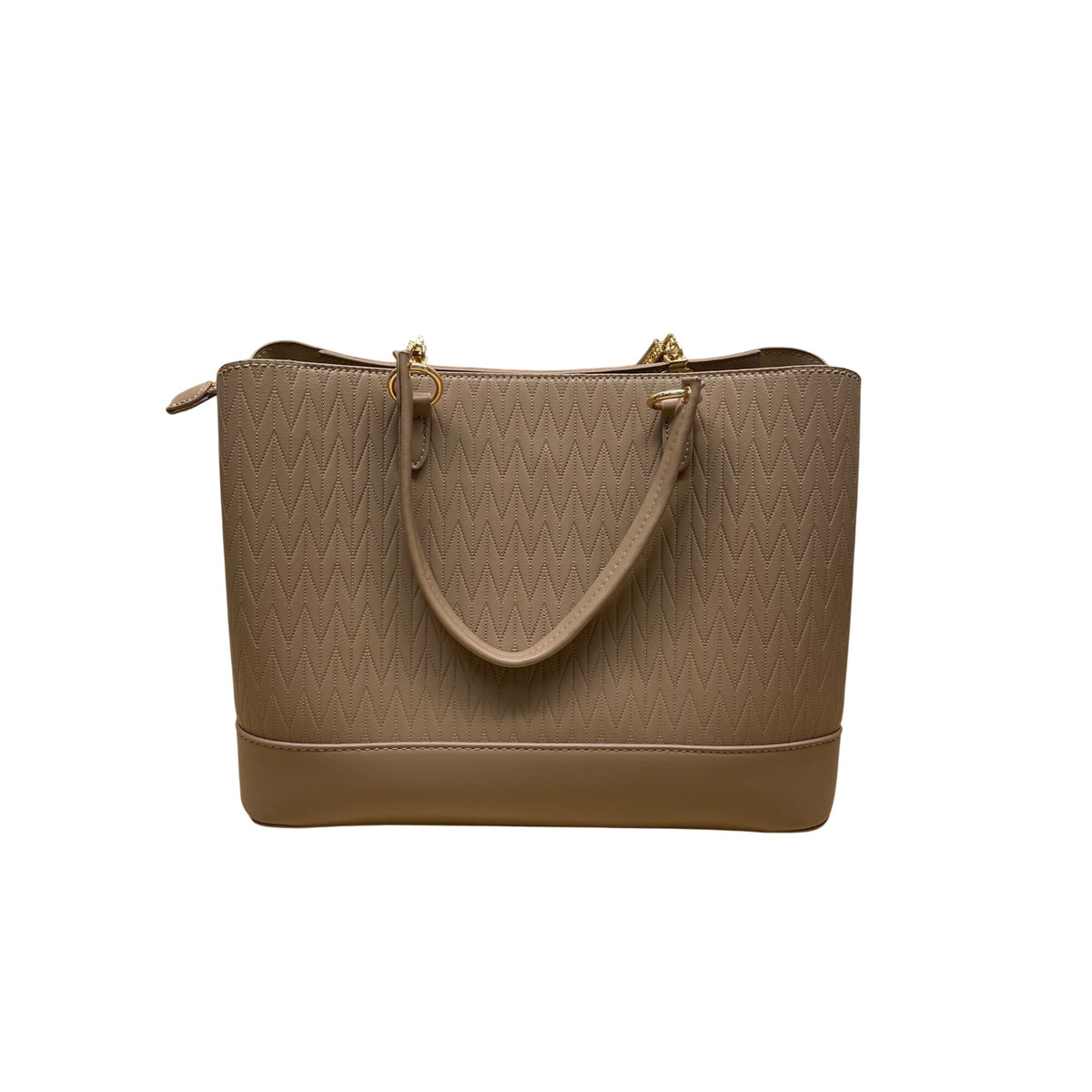 Beige Faux Leather Womens Zigzag Textured Tote Bag W/ Gold-Tone Accents & Handles