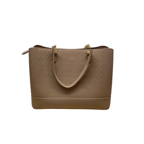 Beige Faux Leather Womens Zigzag Textured Tote Bag W/ Gold-Tone Accents & Handles