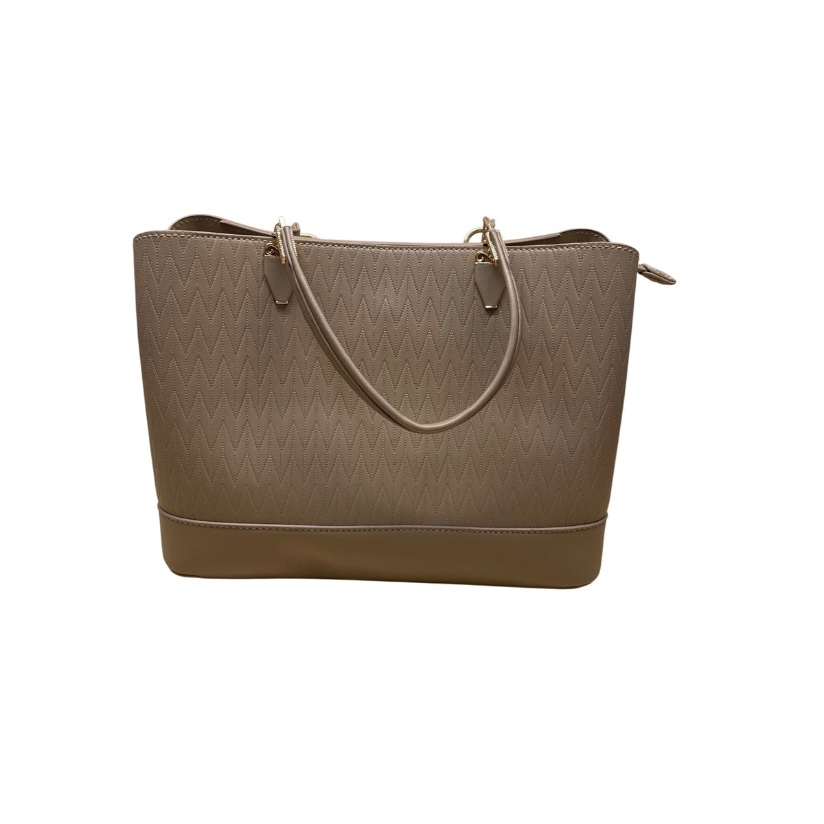 Beige Faux Leather Womens Zigzag Textured Tote Bag W/ Gold-Tone Accents & Handles