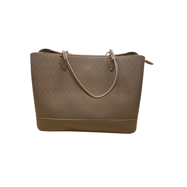Beige Faux Leather Womens Zigzag Textured Tote Bag W/ Gold-Tone Accents & Handles