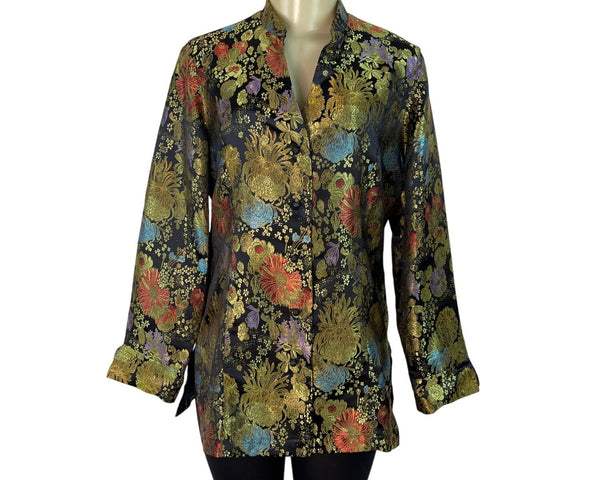 Coldwater Creek Mandarin Collar Floral Print Blouse Jacket Black Size 10 - New