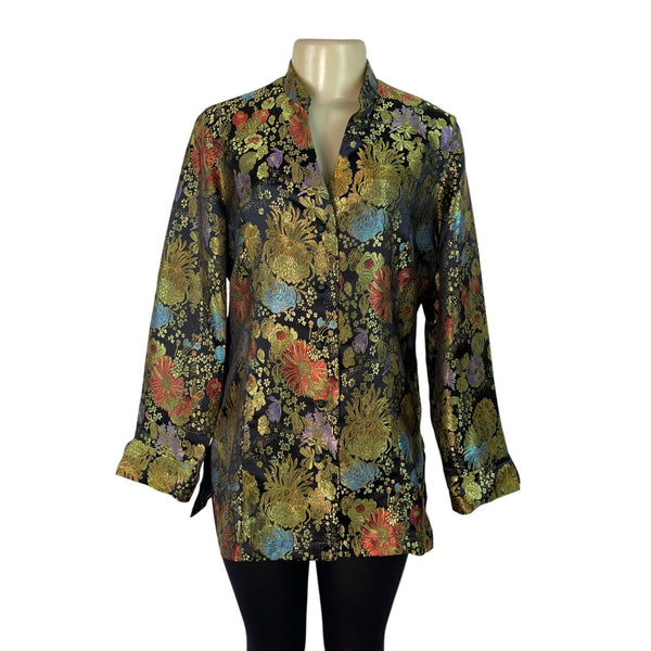 Coldwater Creek Mandarin Collar Floral Print Blouse Jacket Black Size 10 - New