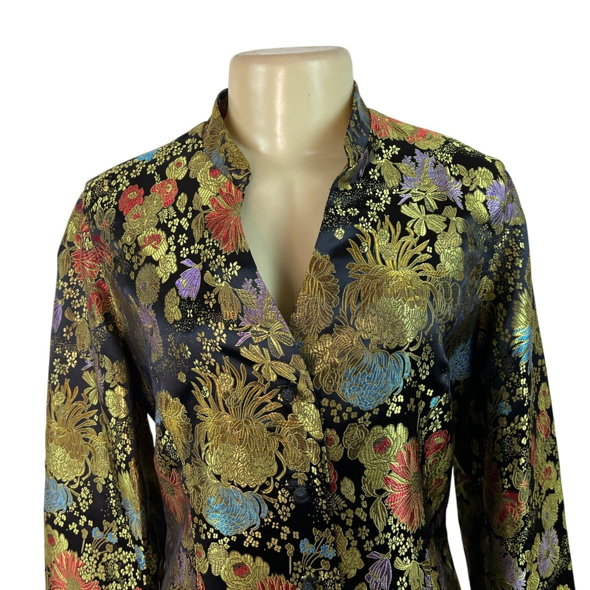 Coldwater Creek Mandarin Collar Floral Print Blouse Jacket Black Size 10 - New