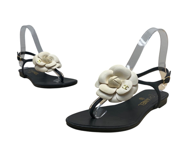 Chanel Women’s Black & White Camellia Thong Sandals Sz 37