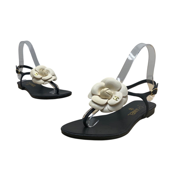 Chanel Women’s Black & White Camellia Thong Sandals Sz 37