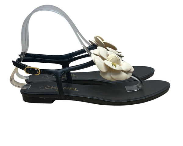 Chanel Women’s Black & White Camellia Thong Sandals Sz 37