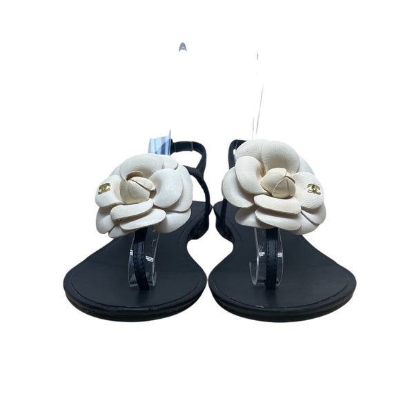 Chanel Women’s Black & White Camellia Thong Sandals Sz 37