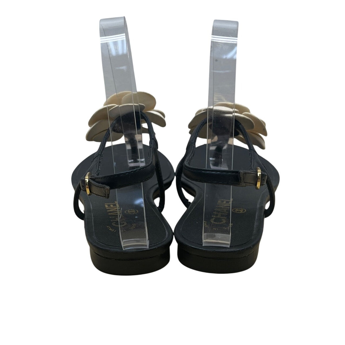 Chanel Women’s Black & White Camellia Thong Sandals Sz 37